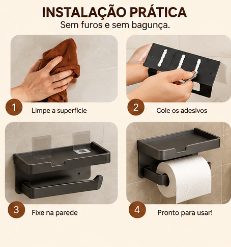 Suporte Porta Papel Higiênico com Porta Celular para Banheiro Organizador Preto Branco