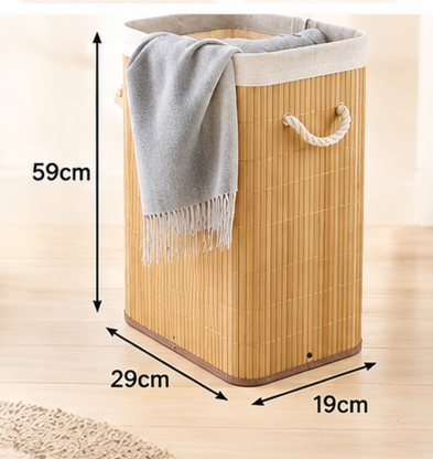 Cesto de Roupa Suja 72L em Bambu Dobrável Grande com Forro Organizador para Banheiro