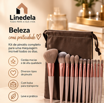 Kit 13 Pincéis de Maquiagem Profissional com Bolsa de Veludo Kabuki Contorno Esfumado
