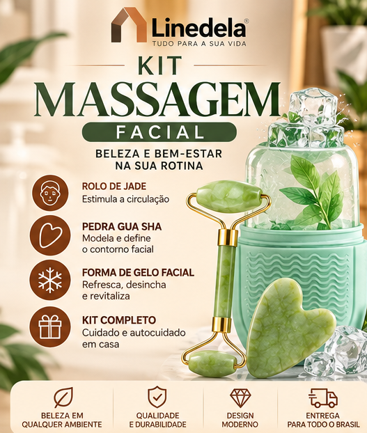 Kit Massagem Facial Jade Roller Gua Sha e Molde de Gelo Crioterapia Skincare Rosto