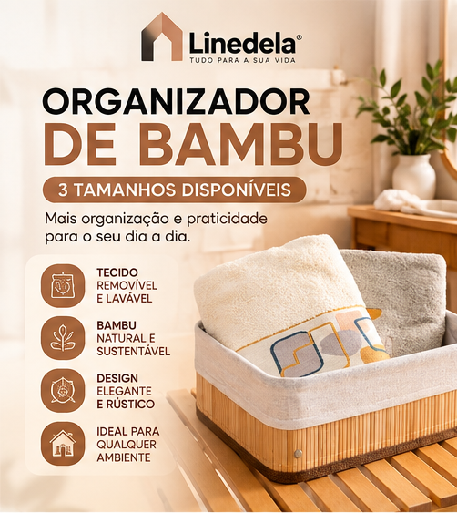 Kit 3 Cestos Organizadores de Bambu Multiuso com Forro para Banheiro Quarto e Casa