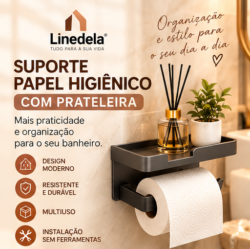 Suporte Porta Papel Higiênico com Porta Celular para Banheiro Organizador Preto Branco