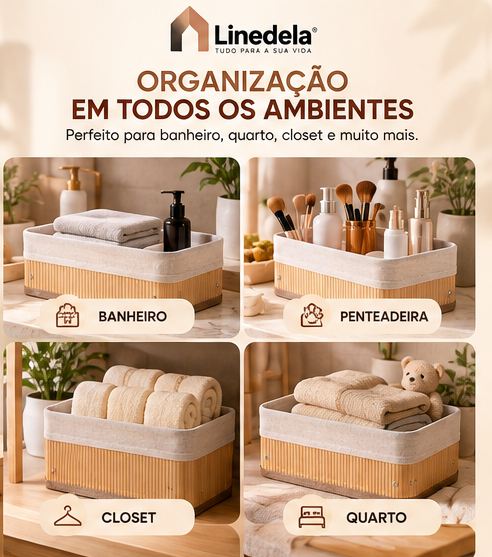 Kit 3 Cestos Organizadores de Bambu Multiuso com Forro para Banheiro Quarto e Casa