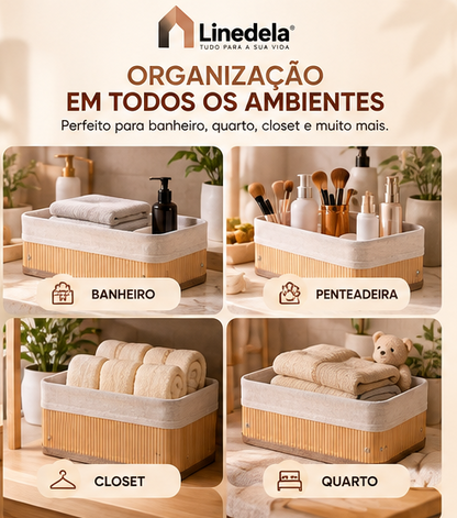 Kit 3 Cestos Organizadores de Bambu Multiuso com Forro para Banheiro Quarto e Casa