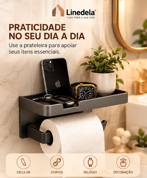 Suporte Porta Papel Higiênico com Porta Celular para Banheiro Organizador Preto Branco