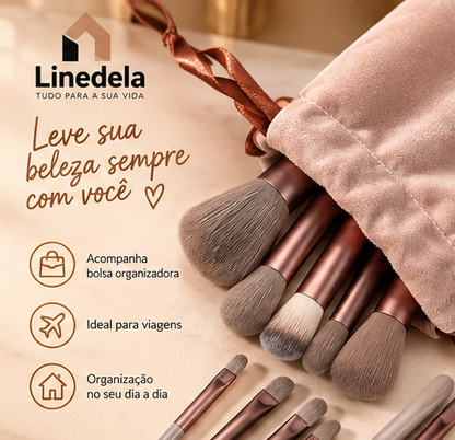 Kit 13 Pincéis de Maquiagem Profissional com Bolsa de Veludo Kabuki Contorno Esfumado