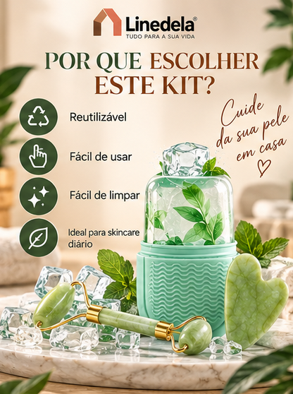 Kit Massagem Facial Jade Roller Gua Sha e Molde de Gelo Crioterapia Skincare Rosto