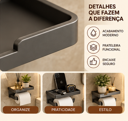 Suporte Porta Papel Higiênico com Porta Celular para Banheiro Organizador Preto Branco