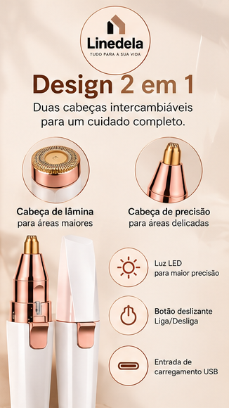 Depilador Facial Feminino 2 em 1 Elétrico Recarregável USB para Sobrancelhas Buço Nariz e Rosto