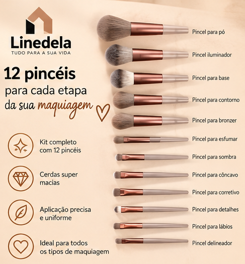 Kit 13 Pincéis de Maquiagem Profissional com Bolsa de Veludo Kabuki Contorno Esfumado