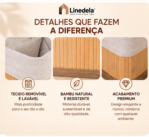 Kit 3 Cestos Organizadores de Bambu Multiuso com Forro para Banheiro Quarto e Casa