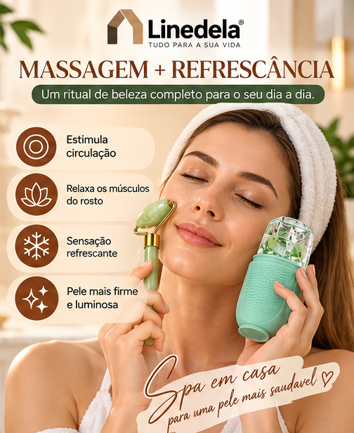 Kit Massagem Facial Jade Roller Gua Sha e Molde de Gelo Crioterapia Skincare Rosto