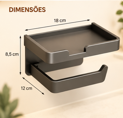 Suporte Porta Papel Higiênico com Porta Celular para Banheiro Organizador Preto Branco