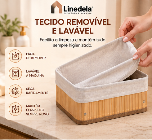Kit 3 Cestos Organizadores de Bambu Multiuso com Forro para Banheiro Quarto e Casa