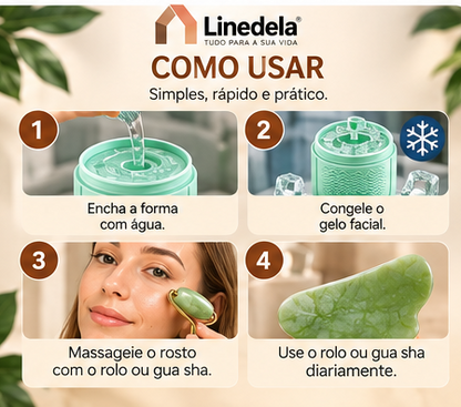 Kit Massagem Facial Jade Roller Gua Sha e Molde de Gelo Crioterapia Skincare Rosto