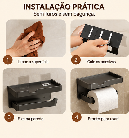 Suporte Porta Papel Higiênico com Porta Celular para Banheiro Organizador Preto Branco