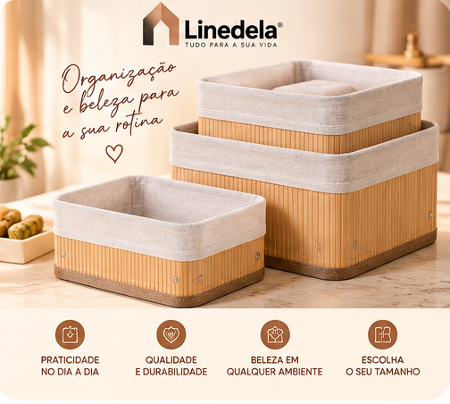Kit 3 Cestos Organizadores de Bambu Multiuso com Forro para Banheiro Quarto e Casa