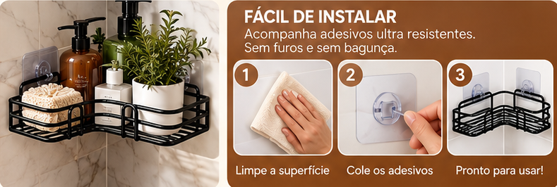 Kit 2 Prateleiras de Parede com Adesivo Suporte para Shampoo Banheiro Cozinha Lavanderia