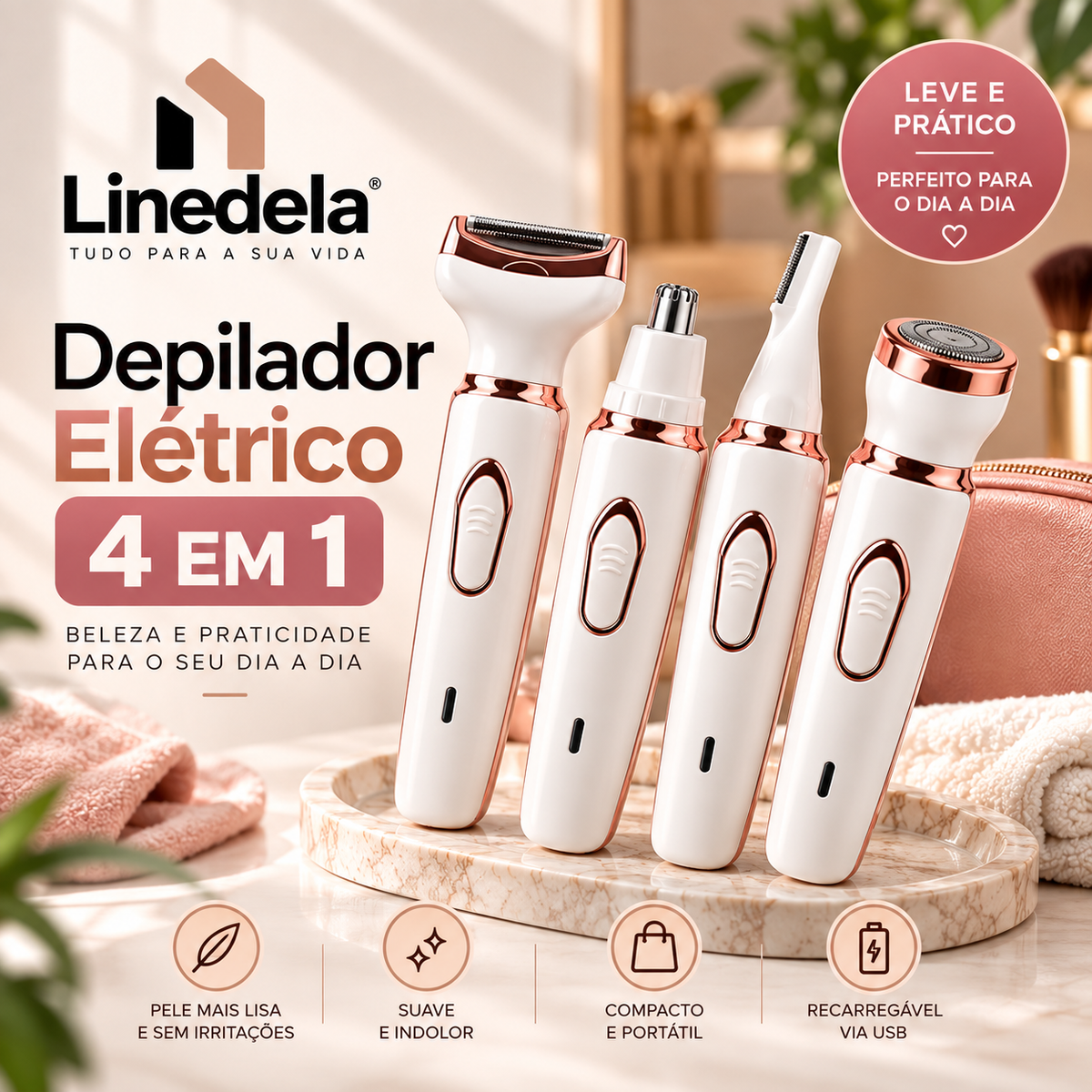 Depilador Elétrico Feminino 4 em 1 | Remove Pelos do Rosto, Sobrancelhas e Axilas