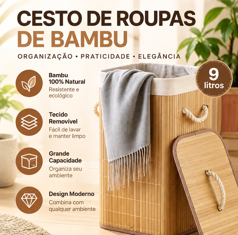 Cesto de Roupa Suja 72L em Bambu Dobrável Grande com Forro Organizador para Banheiro