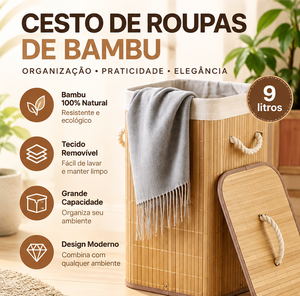 Cesto de Roupa Suja 72L em Bambu Dobrável Grande com Forro Organizador para Banheiro
