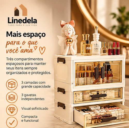 Organizador de Cosméticos Acrílico Luxuoso com Gavetas e Portas Duplas para Maquiagem e Skincare