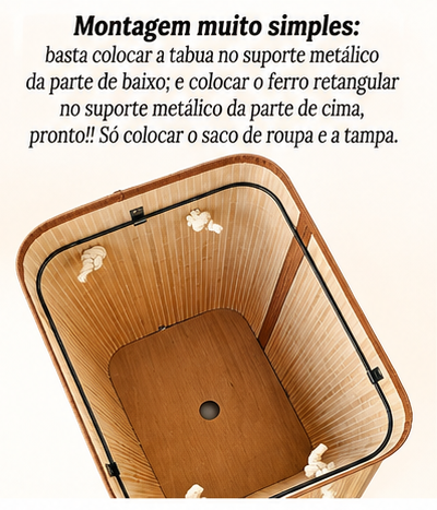 Cesto de Roupa Suja 72L em Bambu Dobrável Grande com Forro Organizador para Banheiro