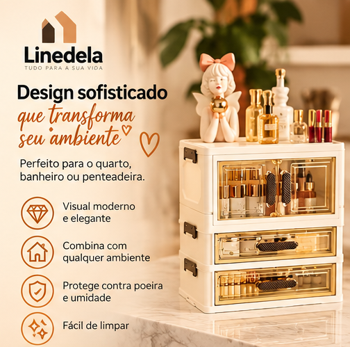 Organizador de Cosméticos Acrílico Luxuoso com Gavetas e Portas Duplas para Maquiagem e Skincare