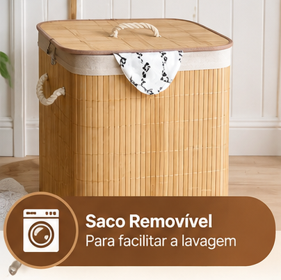 Cesto de Roupa Suja 72L em Bambu Dobrável Grande com Forro Organizador para Banheiro