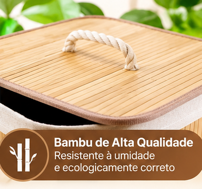 Cesto de Roupa Suja 72L em Bambu Dobrável Grande com Forro Organizador para Banheiro