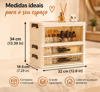Organizador de Cosméticos Acrílico Luxuoso com Gavetas e Portas Duplas para Maquiagem e Skincare