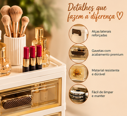 Organizador de Cosméticos Acrílico Luxuoso com Gavetas e Portas Duplas para Maquiagem e Skincare