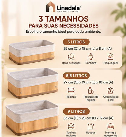 Kit 3 Cestos Organizadores de Bambu Multiuso com Forro para Banheiro Quarto e Casa